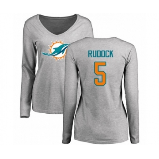 Football Women's Miami Dolphins #5 Jake Rudock Ash Name & Number Logo Long Sleeve T-Shirt - Ujersey