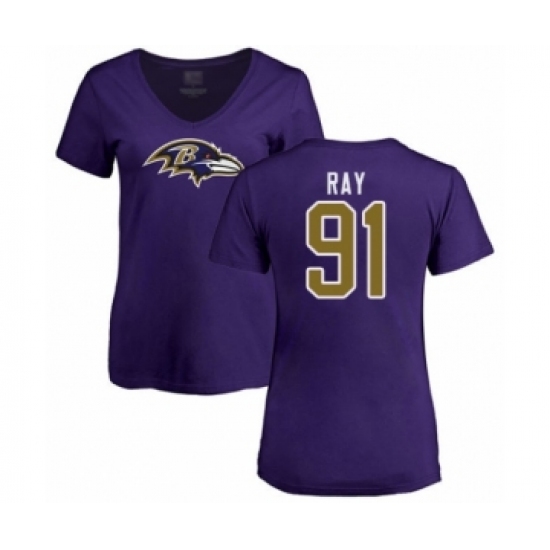 Football Women's Baltimore Ravens #91 Shane Ray Purple Name & Number Logo T-Shirt - Ujersey