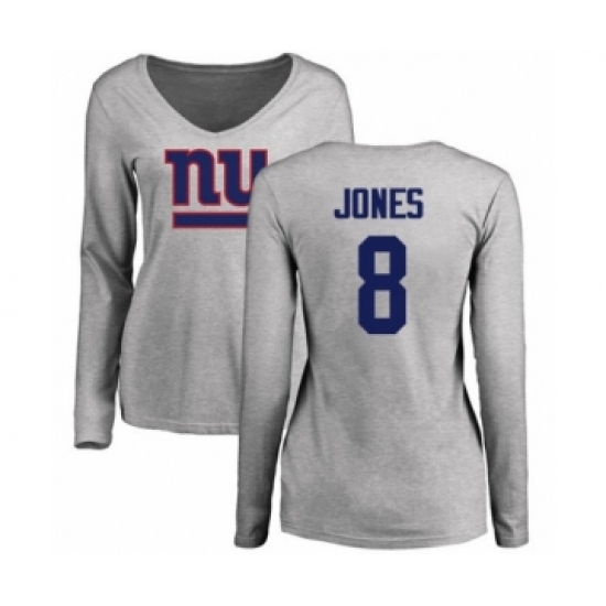 Football Women's New York Giants #8 Daniel Jones Ash Name & Number Logo Long Sleeve T-Shirt - Ujersey