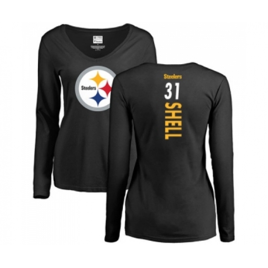 Football Women's Pittsburgh Steelers #31 Donnie Shell Black Backer Slim Fit Long Sleeve T-Shirt - Ujersey