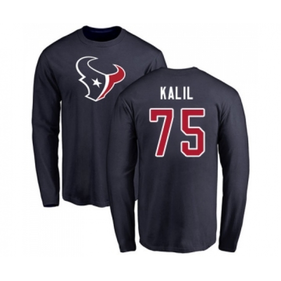 Football Houston Texans #75 Matt Kalil Navy Blue Name & Number Logo Long Sleeve T-Shirt - Ujersey