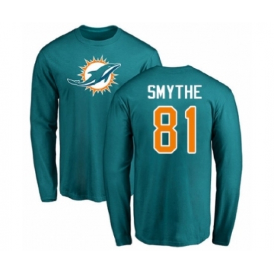 Football Miami Dolphins #81 Durham Smythe Aqua Green Name & Number Logo Long Sleeve T-Shirt - Ujersey