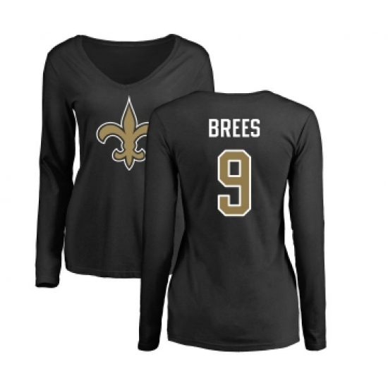 Football Women's New Orleans Saints #9 Drew Brees Black Name & Number Logo Slim Fit Long Sleeve T-Shirt - Ujersey
