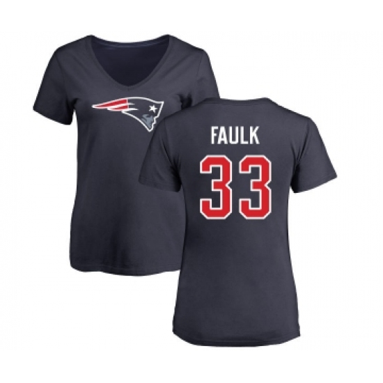 Football Women's New England Patriots #33 Kevin Faulk Navy Blue Name & Number Logo Slim Fit T-Shirt - Ujersey