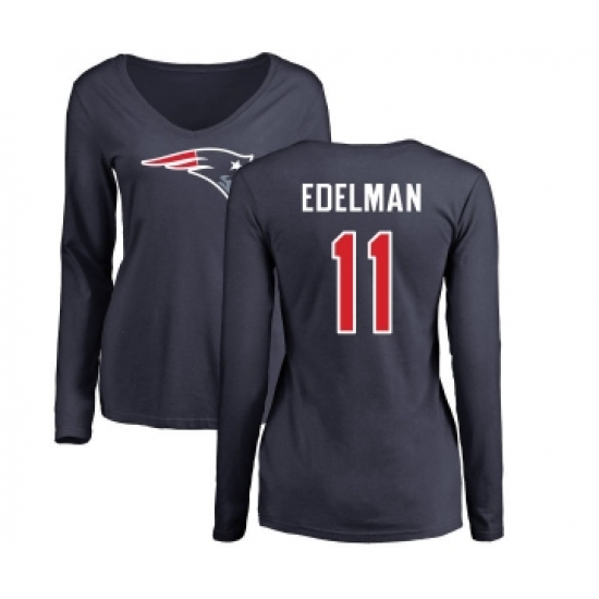 Football Women's New England Patriots #11 Julian Edelman Navy Blue Name & Number Logo Slim Fit Long Sleeve T-Shirt - Ujersey