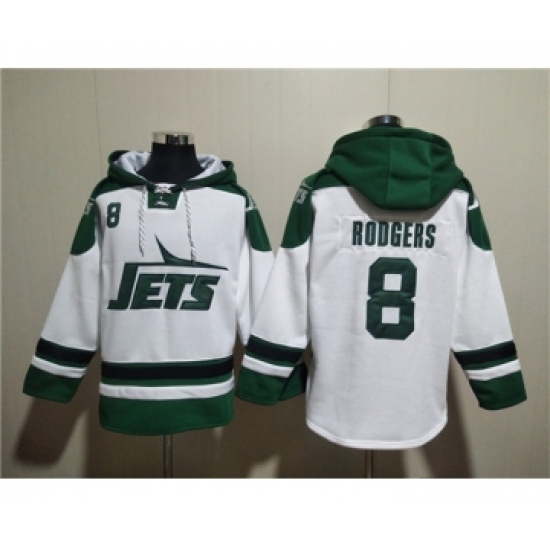 Men's New York Jets #8 Aaron Rodgers White Ageless Must-Have Lace-Up Pullover Hoodie - Ujersey