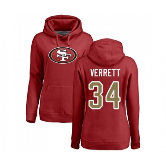 Football Women's San Francisco 49ers #34 Jason Verrett Red Name & Number Logo Pullover Hoodie - Ujersey