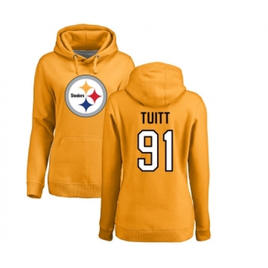 Football Women's Pittsburgh Steelers #91 Stephon Tuitt Gold Name & Number Logo Pullover Hoodie - Ujersey