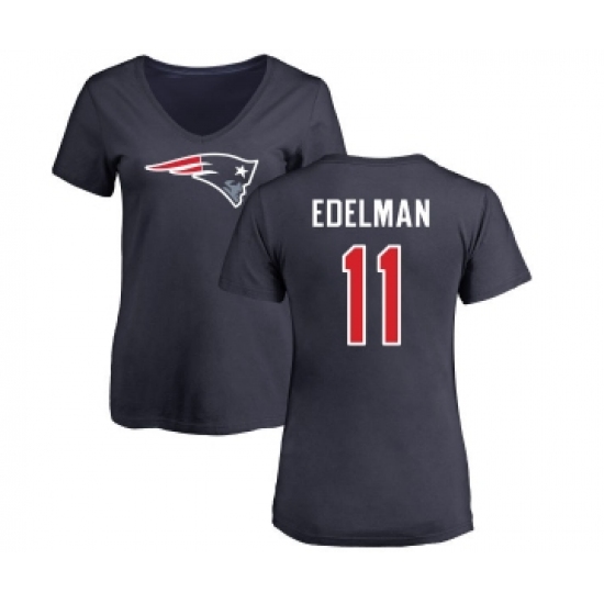 Football Women's New England Patriots #11 Julian Edelman Navy Blue Name & Number Logo Slim Fit T-Shirt - Ujersey
