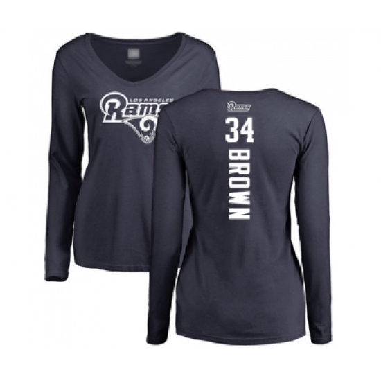 Football Women's Los Angeles Rams #34 Malcolm Brown Navy Blue Backer Slim Fit Long Sleeve T-Shirt - Ujersey