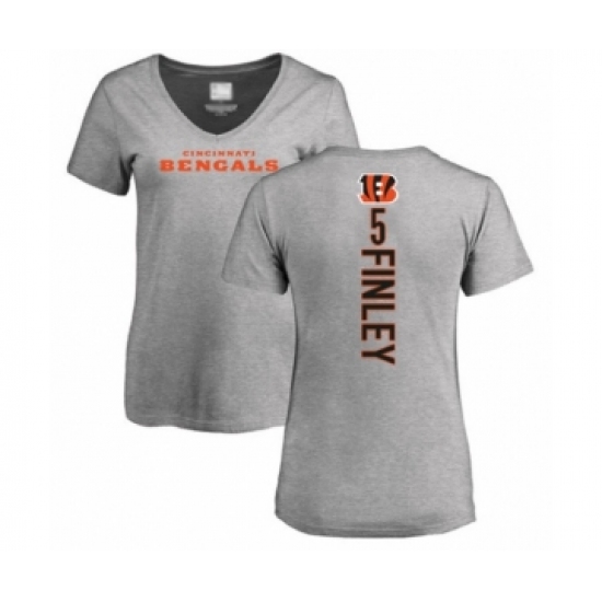 Football Women's Cincinnati Bengals #5 Ryan Finley Ash Backer V-Neck T-Shirt - Ujersey