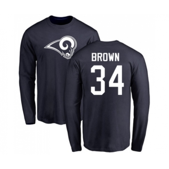Football Los Angeles Rams #34 Malcolm Brown Navy Blue Name & Number Logo Long Sleeve T-Shirt - Ujersey
