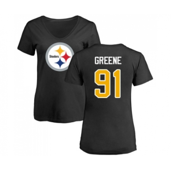 Football Women's Pittsburgh Steelers #91 Kevin Greene Black Name & Number Logo Slim Fit T-Shirt - Ujersey