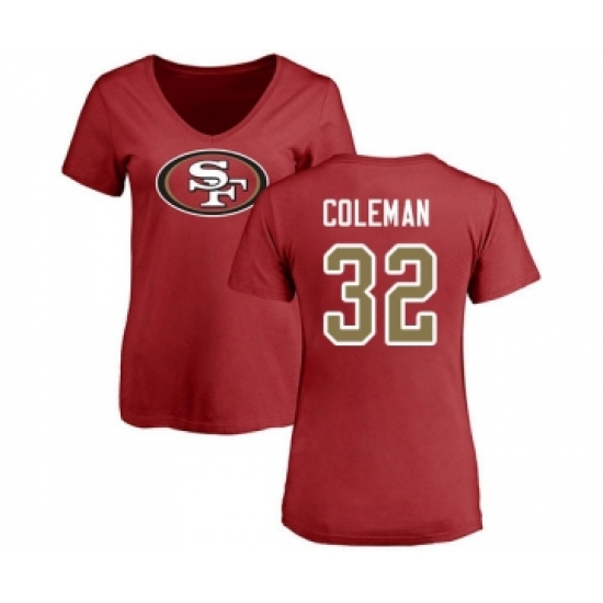 Football Women's San Francisco 49ers #32 Tevin Coleman Red Name & Number Logo T-Shirt - Ujersey