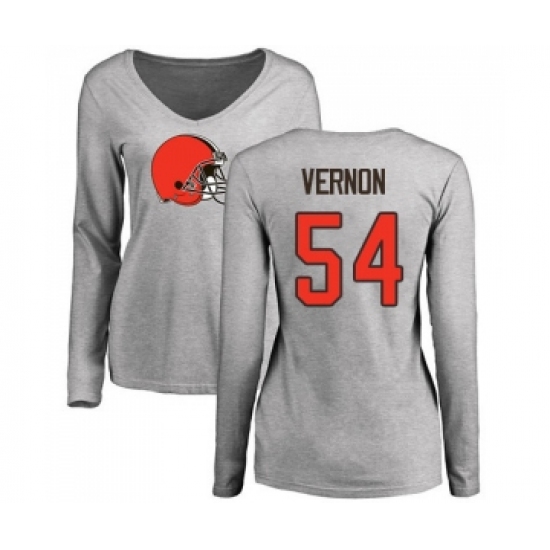Football Women's Cleveland Browns #54 Olivier Vernon Ash Name & Number Logo Long Sleeve T-Shirt - Ujersey