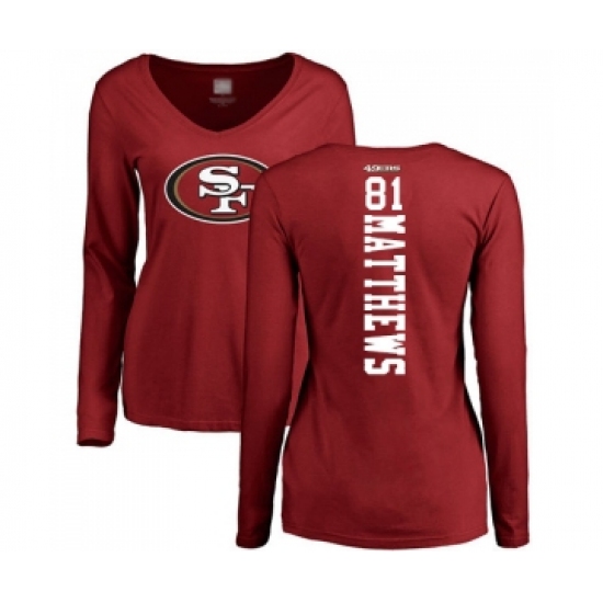 Football Women's San Francisco 49ers #81 Jordan Matthews Red Backer Long Sleeve T-Shirt - Ujersey