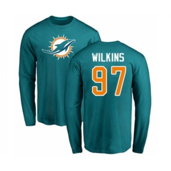 Football Miami Dolphins #97 Christian Wilkins Aqua Green Name & Number Logo Long Sleeve T-Shirt - Ujersey