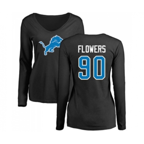 Football Women's Detroit Lions #90 Trey Flowers Black Name & Number Logo Long Sleeve T-Shir - Ujersey
