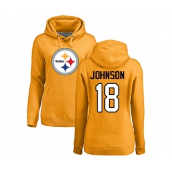 Women's Pittsburgh Steelers #18 Diontae Johnson Gold Name & Number Logo Pullover Hoodie - Ujersey