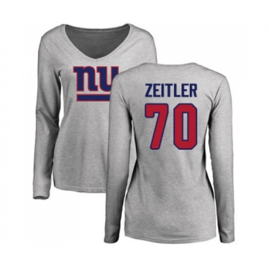 Football Women's New York Giants #70 Kevin Zeitler Ash Name & Number Logo Long Sleeve T-Shirt - Ujersey