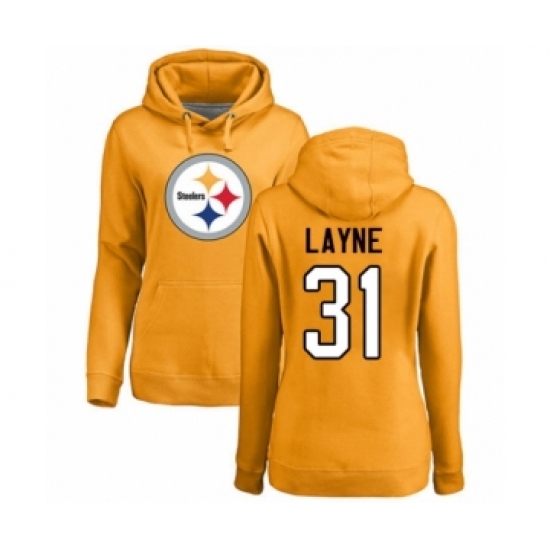 Women's Pittsburgh Steelers #31 Justin Layne Gold Name & Number Logo Pullover Hoodie - Ujersey