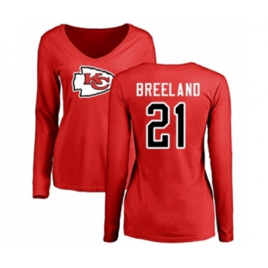 Football Women's Kansas City Chiefs #21 Bashaud Breeland Red Name & Number Logo Slim Fit Long Sleeve T-Shirt - Ujersey