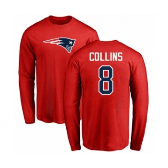 Football New England Patriots #8 Jamie Collins Red Name & Number Logo Long Sleeve T-Shirt - Ujersey