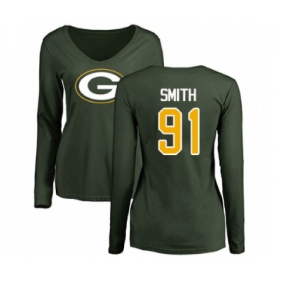 Football Women's Green Bay Packers #91 Preston Smith Green Name & Number Logo Long Sleeve T-Shirt - Ujersey