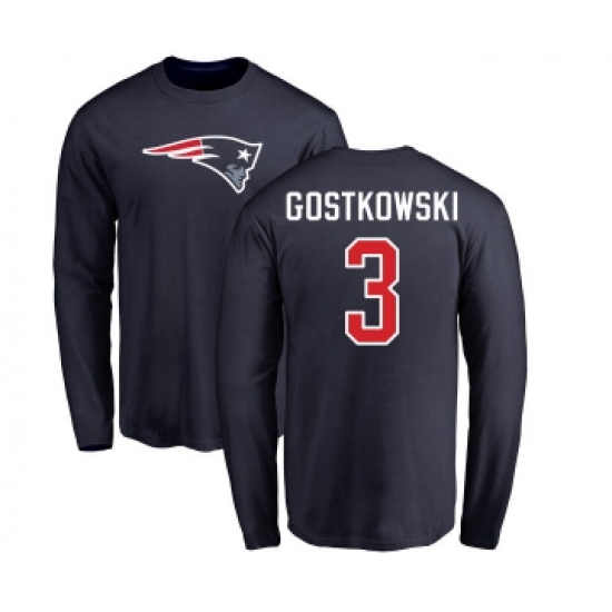 Football New England Patriots #3 Stephen Gostkowski Navy Blue Name & Number Logo Long Sleeve T-Shirt - Ujersey
