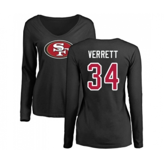Football Women's San Francisco 49ers #34 Jason Verrett Black Name & Number Logo Long Sleeve T-Shirt - Ujersey