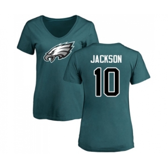Women's Philadelphia Eagles #10 DeSean Jackson Green Name & Number Logo Slim Fit T-Shirt - Ujersey