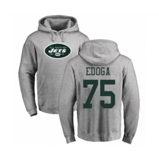 Football New York Jets #75 Chuma Edoga Ash Name & Number Logo Pullover Hoodie - Ujersey