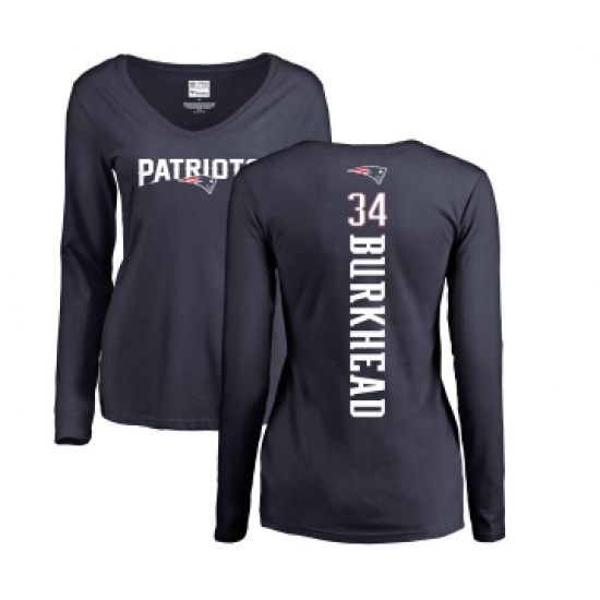 Football Women's Football Women's New England Patriots #34 Rex Burkhead Navy Blue Backer Slim Fit Long Sleeve T-Shirt - Ujersey