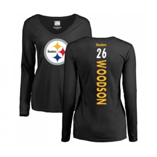 Football Women's Pittsburgh Steelers #26 Rod Woodson Black Backer Slim Fit Long Sleeve T-Shirt - Ujersey