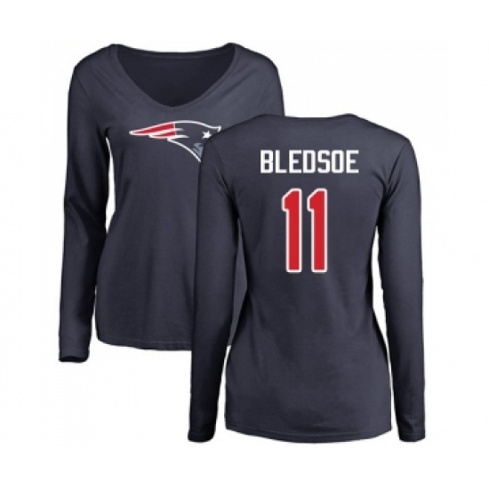 Football Women's New England Patriots #11 Drew Bledsoe Navy Blue Name & Number Logo Slim Fit Long Sleeve T-Shirt - Ujersey
