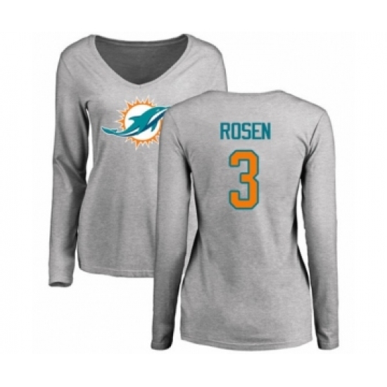 Football Women's Miami Dolphins #3 Josh Rosen Ash Name & Number Logo Long Sleeve T-Shirt - Ujersey