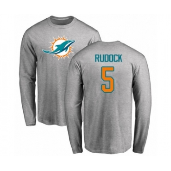 Football Miami Dolphins #5 Jake Rudock Ash Name & Number Logo Long Sleeve T-Shirt - Ujersey