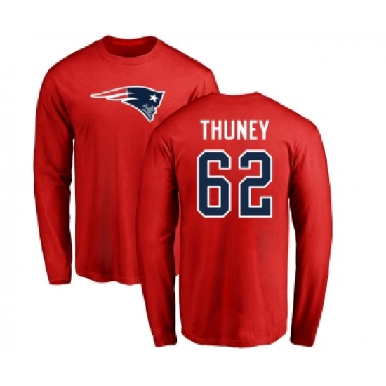 Football New England Patriots #62 Joe Thuney Red Name & Number Logo Long Sleeve T-Shirt - Ujersey