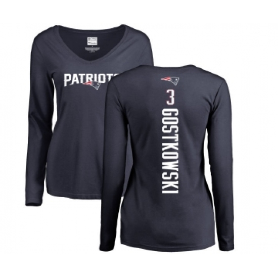 Football Women's New England Patriots #3 Stephen Gostkowski Navy Blue Backer Slim Fit Long Sleeve T-Shirt - Ujersey