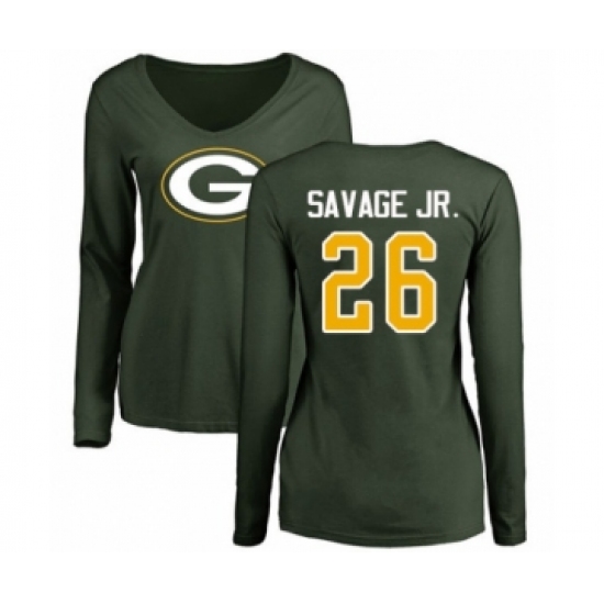 Football Women's Green Bay Packers #26 Darnell Savage Jr. Green Name & Number Logo Long Sleeve T-Shirt - Ujersey