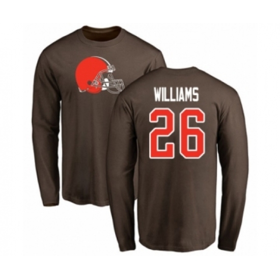 Football Cleveland Browns #26 Greedy Williams Brown Name & Number Logo Long Sleeve T-Shirt - Ujersey