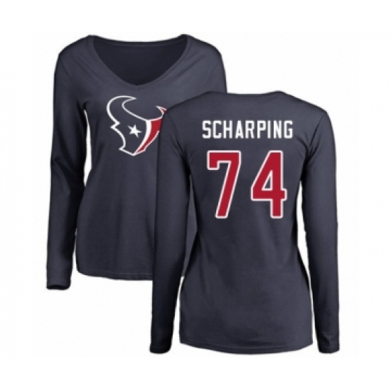 Football Women's Houston Texans #74 Max Scharping Navy Blue Name & Number Logo Long Sleeve T-Shirt - Ujersey