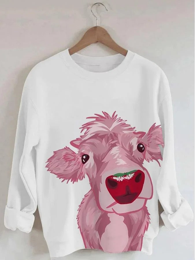 Pink Cow Print Long Sleeve Round Neck Sweatshirt