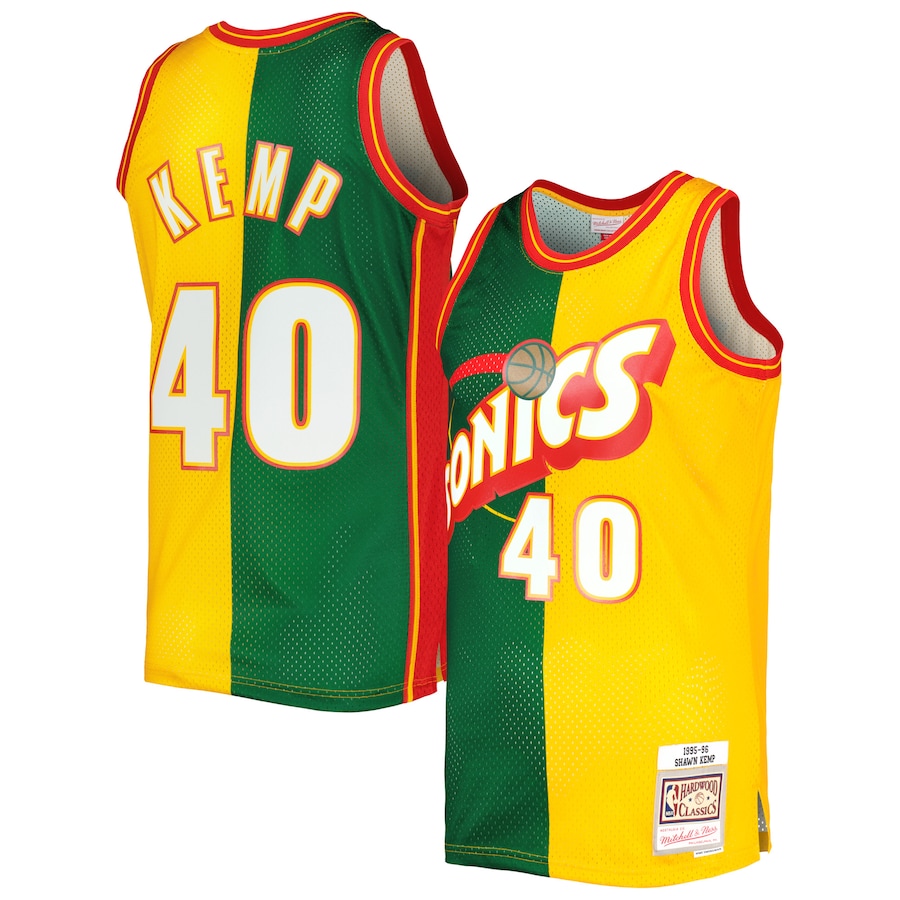 Men's Seattle SuperSonics Shawn Kemp Mitchell & Ness Green/Gold Hardwood Classics 1995/96 Split Swingman Jersey - ujerseystore