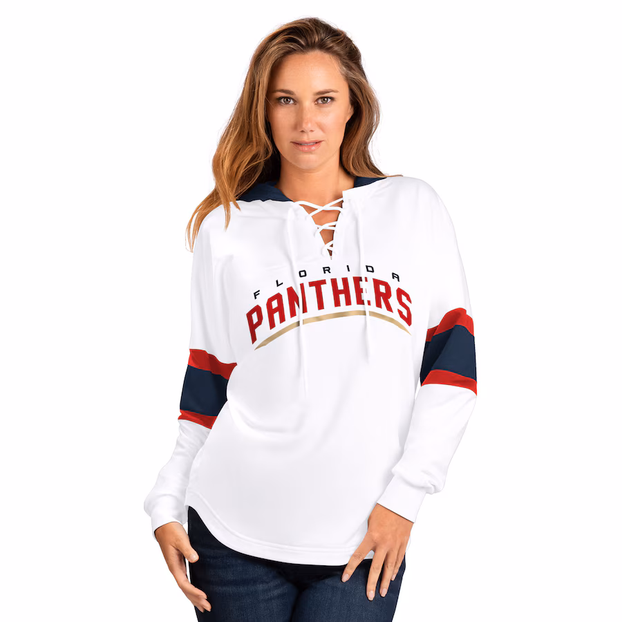 Women's Florida Panthers G-III 4Her by Carl Banks White Goal Zone Long Sleeve Lace-Up Hoodie T-Shirt - ujerseystore