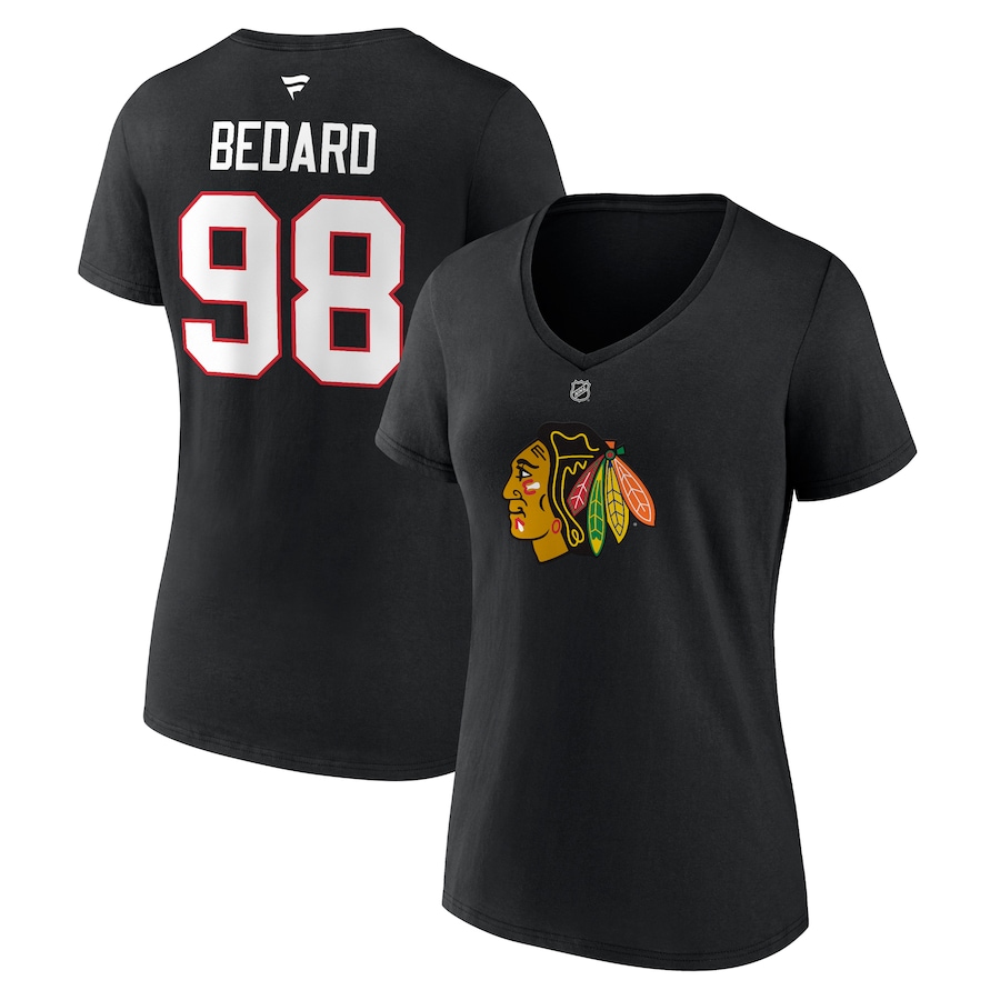 Women's Chicago Blackhawks Connor Bedard Fanatics Black 2023 NHL Draft Authentic Stack Player Name & Number V-Neck T-Shirt - ujerseystore