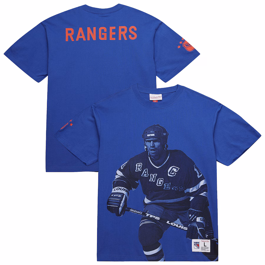 Men's New York Rangers Mark Messier Mitchell & Ness Blue NHL Ultimate Player Vintage Logo T-Shirt - ujerseystore