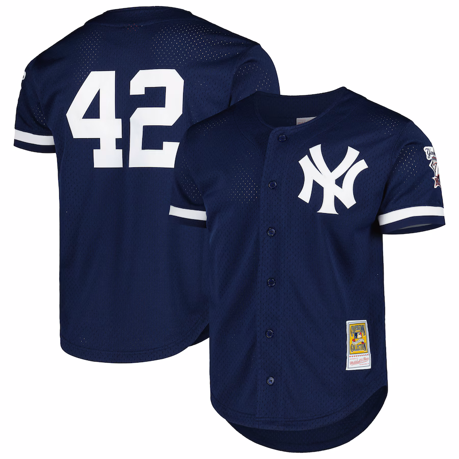 Men's New York Yankees Mariano Rivera Mitchell & Ness Navy Cooperstown Collection Mesh Batting Practice Button-Up Jersey - ujerseystore