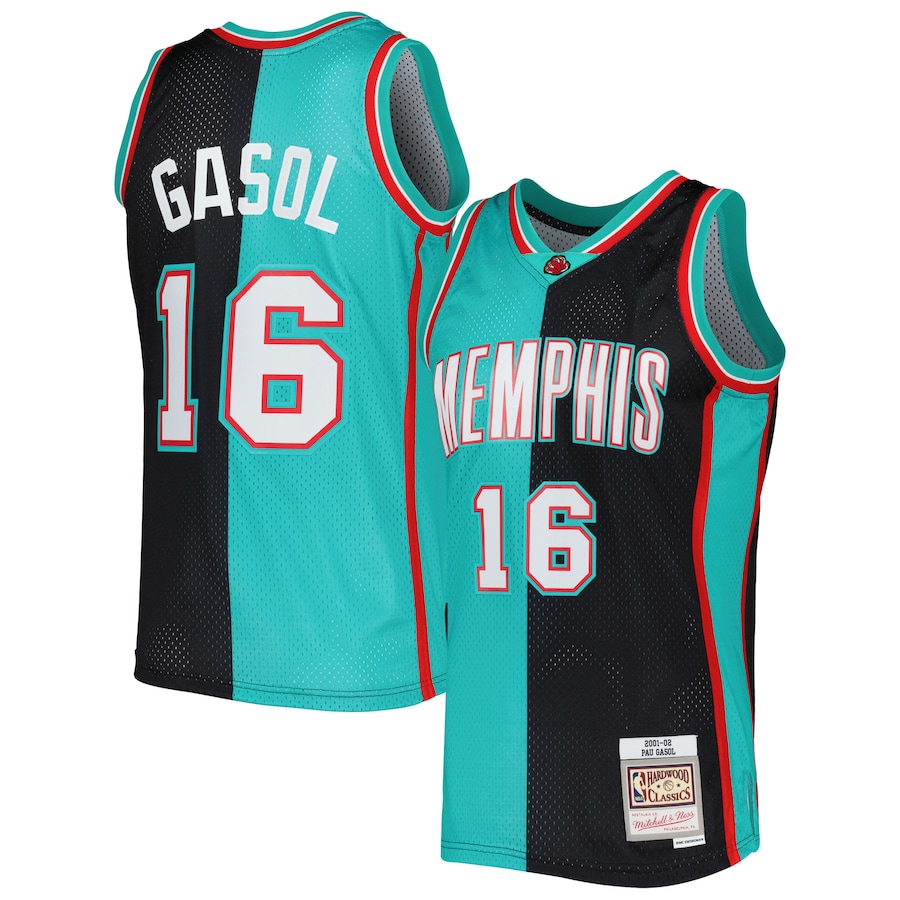 Men's Memphis Grizzlies Pau Gasol Mitchell & Ness Black/Turquoise Hardwood Classics 2001/02 Split Swingman Jersey - ujerseystore