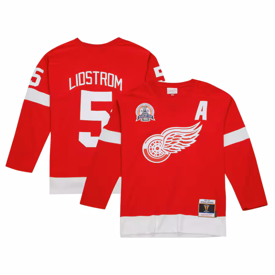 Men's Detroit Red Wings Nicklas Lidstrom Mitchell & Ness Red Alternate Captain Patch 2001/02 Blue Line Player Jersey - ujerseystore
